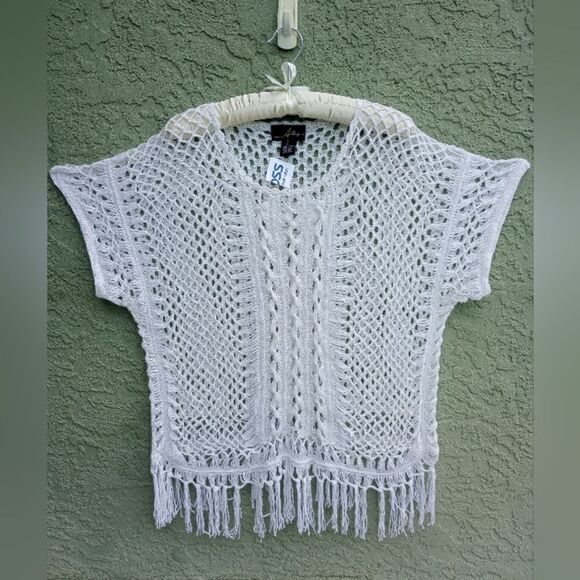 NWT ALLEGRA Gorgeous White Knit See-Thru Round Neck Cover-up w/Tassels Large - Picture 10 of 10